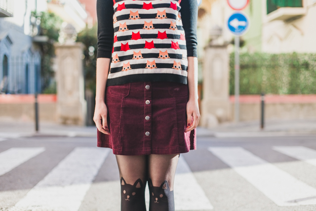 Cat sweater, burgundy corduroy skirt, kitty tights - The cat, you and us
