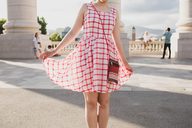 Red Gingham dress with ethnical purse - The cat, you and us