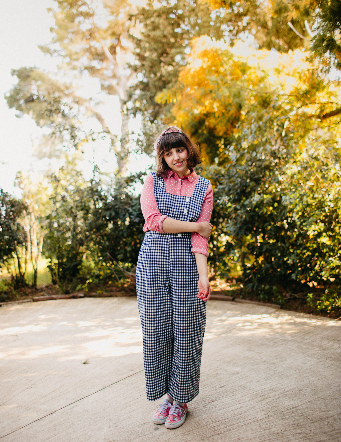 Gingham jumpsuit, dotted pink shirt and headband - The cat, you and us