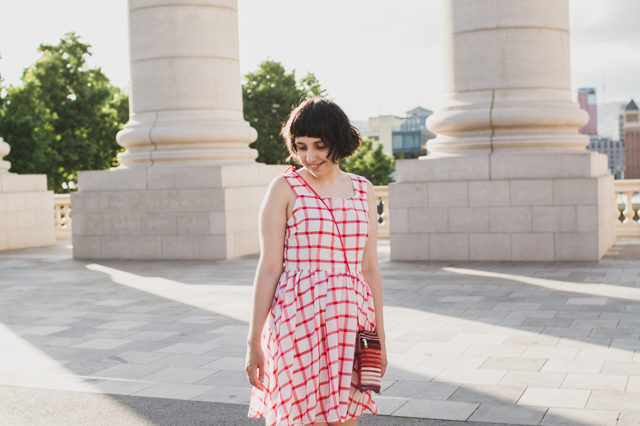 Red Gingham dress with ethnical purse - The cat, you and us